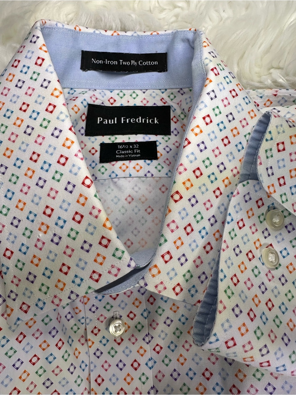 Paul Fredrick White Dress Shirt with Multicolor Geometric Print